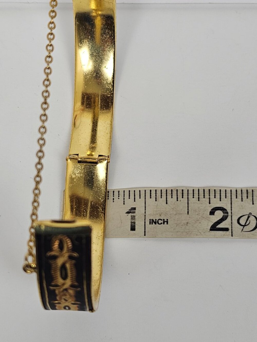 Vtg Damascene Floral Hinged Bangle Bracelet Black Rose Yellow Gold Tone Inlay - Picture 8 of 14